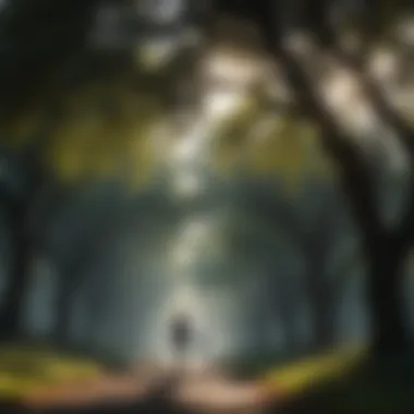 Silhouette of a person walking under a tree canopy