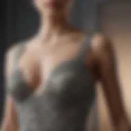 An elegant designer evening gown displayed on a mannequin, showcasing intricate beadwork and flowing fabric.