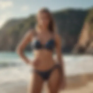 A stylish model posing against a scenic beach backdrop wearing a trendy bikini