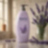 Lavender body wash bottle with floral background