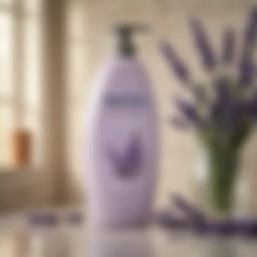 Lavender body wash bottle with floral background