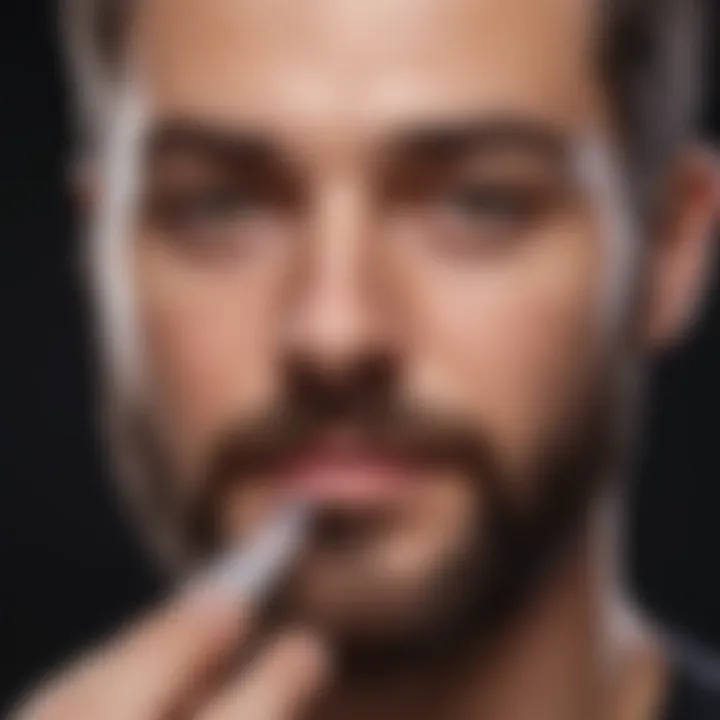 Bearded man applying whitening gel to his facial hair