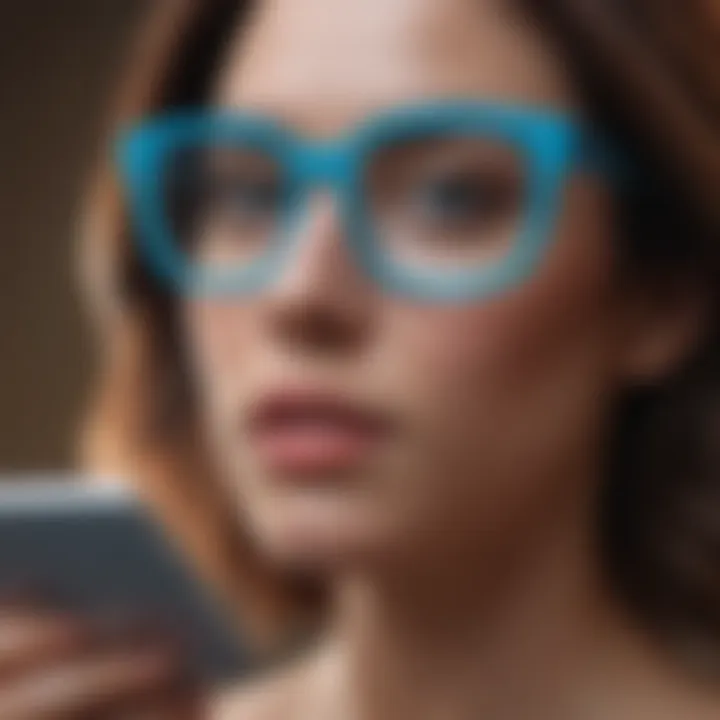 Person using digital devices with blue light blocking glasses