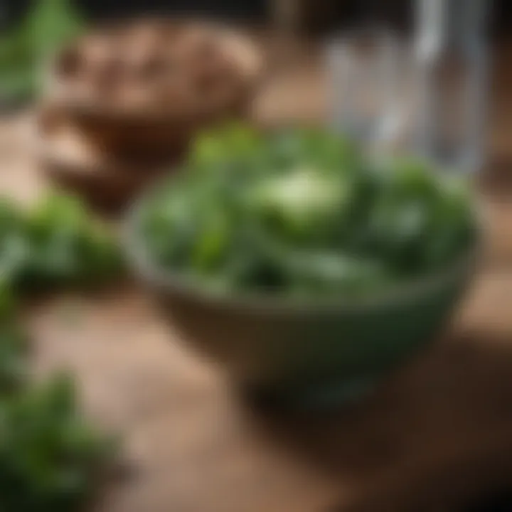 A serene setting featuring a bowl of mixed super greens on a wooden table.