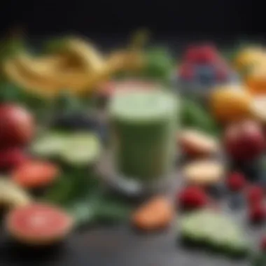 Ingredients laid out for a collagen smoothie recipe, featuring fruits and greens.