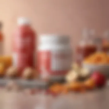 Bottles of collagen supplements displayed with a backdrop of nutritious foods.