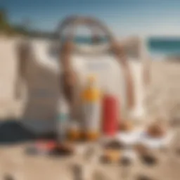 A well-organized beach bag filled with essentials including sunscreen, a towel, and a book.