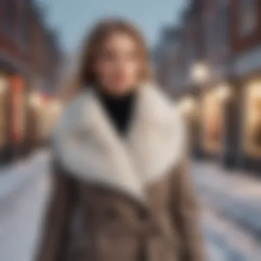 Elegant woman in a wool top coat walking on a snowy street