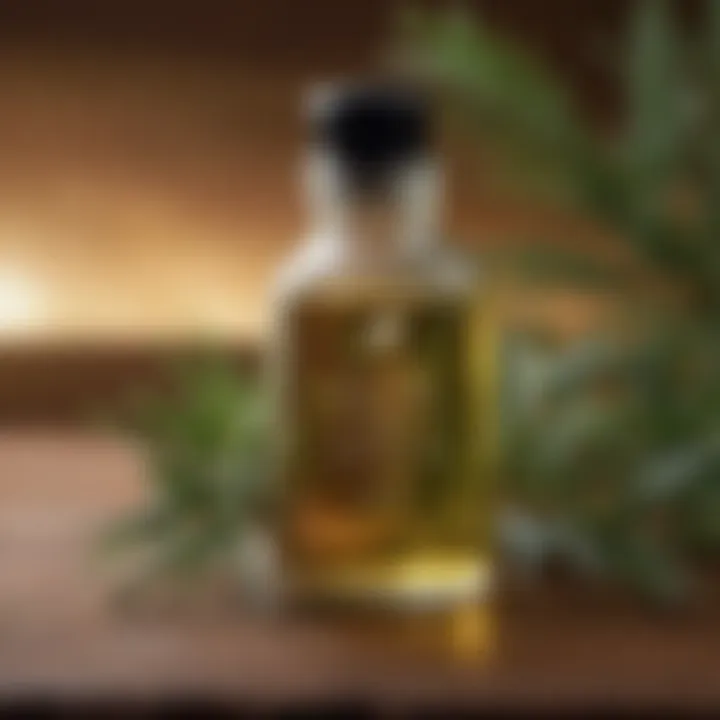 An arrangement of tea tree oil with tea tree leaves and a wooden background.