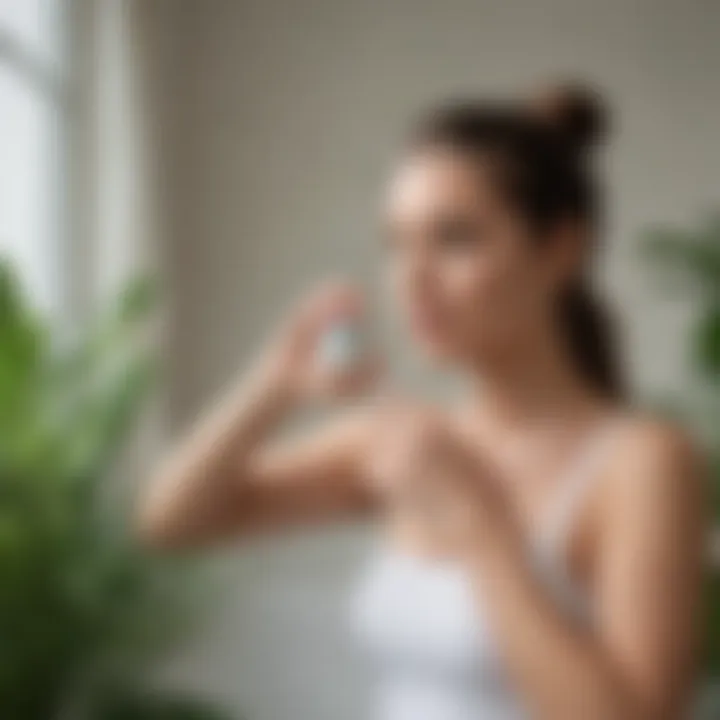 A person applying vegan deodorant in a bathroom setting with plants.