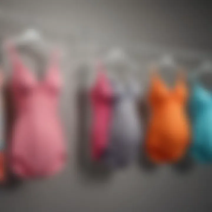 Different styles of maternity bathing suits displayed on hangers