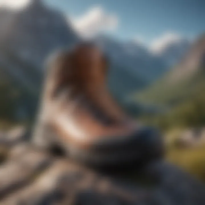 Stylish hiking boot against mountain backdrop