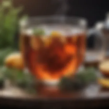 A steaming cup of herbal tea surrounded by fresh herbs and fruits