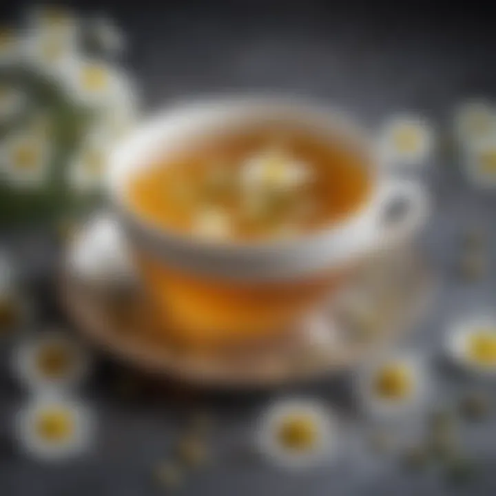 An elegant teacup filled with chamomile tea surrounded by dried flowers