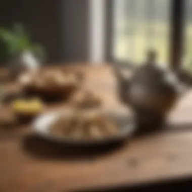 A serene setting with a teapot and ginger root on a wooden table