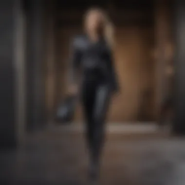 Fashionable woman walking in black leather jeans