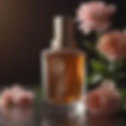 A close-up of a foundation bottle with floral accents