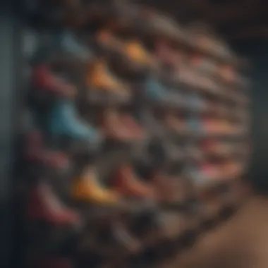 A variety of retro roller skates displayed on a rack