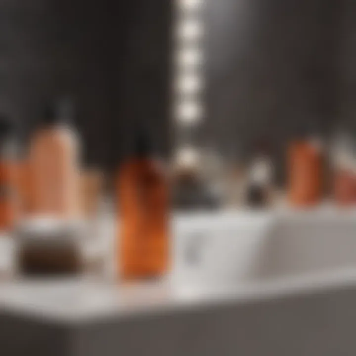 A serene bathroom setting with hair care products displayed