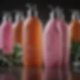 A close-up of vibrant shampoo bottles with natural ingredients