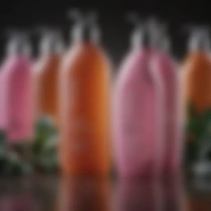 A close-up of vibrant shampoo bottles with natural ingredients