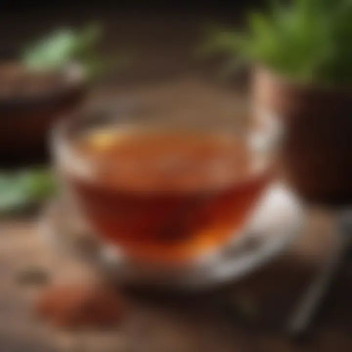 A serene setting with rooibos tea in a rustic cup, highlighting its calming effect on cravings.