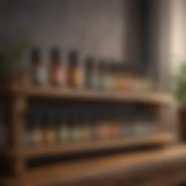 A selection of essential oil bottles arranged aesthetically on a wooden shelf.