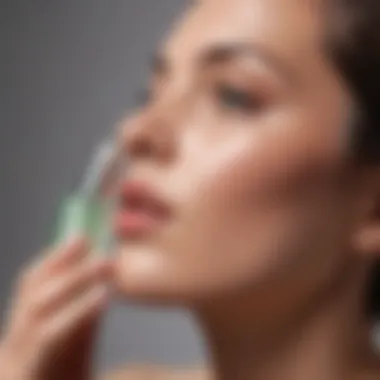 Close-up of a Mario Badescu facial spray being applied to the skin, highlighting its refreshing mist.