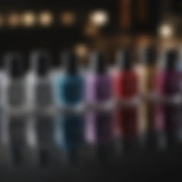 Array of sparkly gel polish bottles in various colors and finishes