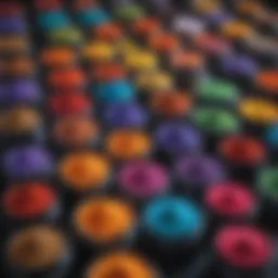 A close-up view of various acrylic powder containers showcasing their vibrant colors and textures.