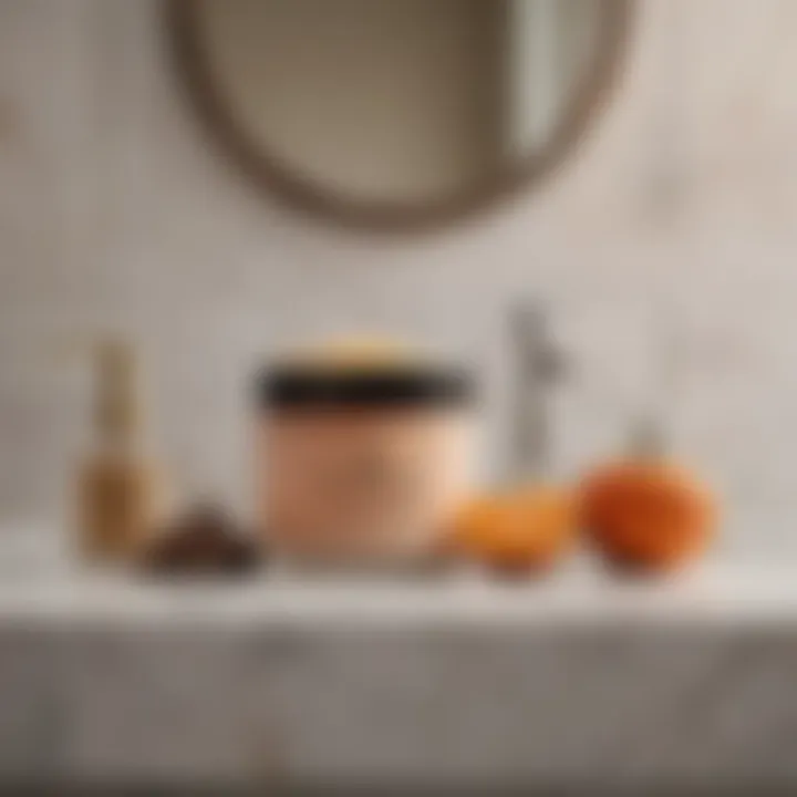 A serene bathroom setting with Tula's So Pumpkin Exfoliating Sugar Scrub displayed elegantly