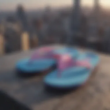 Fashionable thick foam flip flops atop city skyline