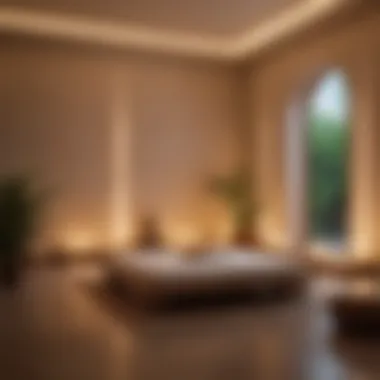 Zen-like meditation room with soft lighting and calming decor