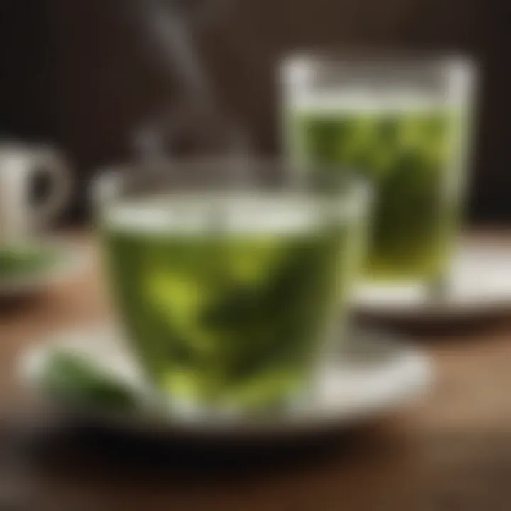 Steaming cup of green tea aiding digestion