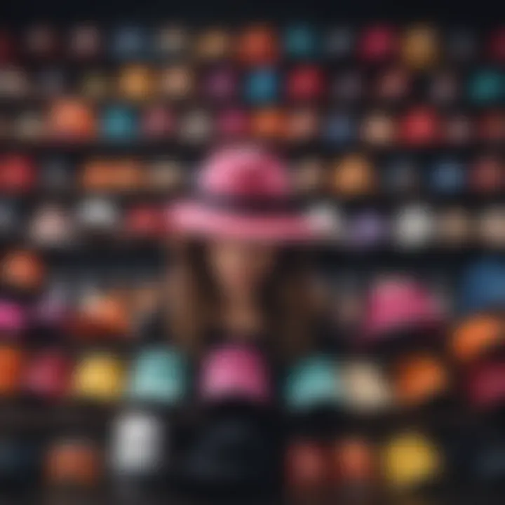 An array of vibrant hats displayed alongside various hair products, emphasizing personal style and accessory selection.