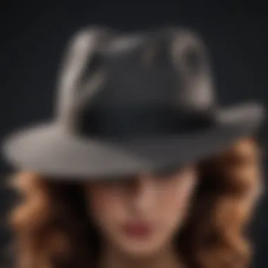 A close-up of a structured fedora perched atop an elaborate hairstyle, showcasing the blend of styles.