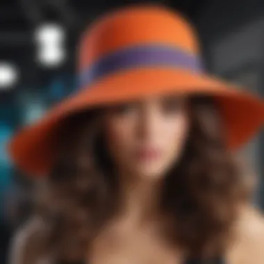 A colorful floppy hat elegantly resting on a mannequin with big, voluminous curls.