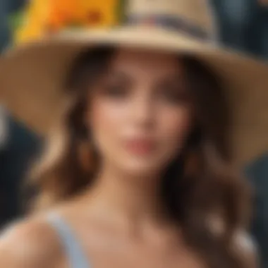 A chic wide-brimmed sun hat adorned with floral accents, complementing a bold, textured hairstyle.