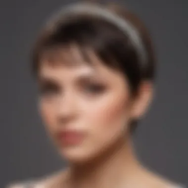 A close-up of a woman styling a pixie cut with a decorative headband