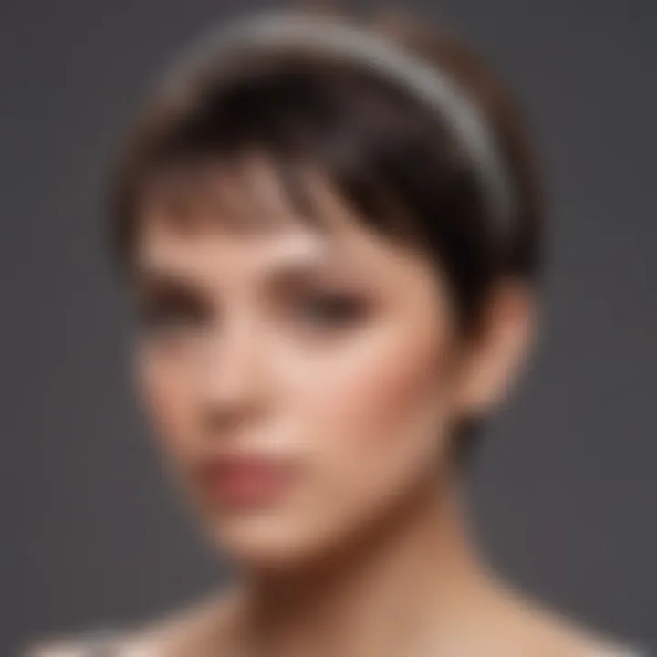 A close-up of a woman styling a pixie cut with a decorative headband