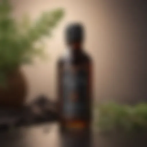 Close-up view of black castor oil in a glass bottle with herbs