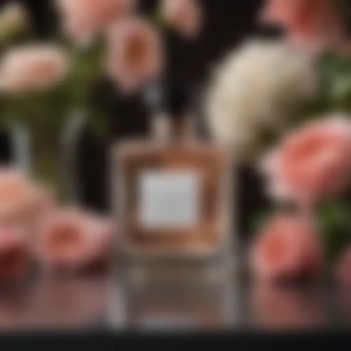 Maison Francis Kurkdjian fragrance bottle against a backdrop of elegant floral arrangements