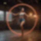 Demonstrating weighted hula hoop techniques in a vibrant setting