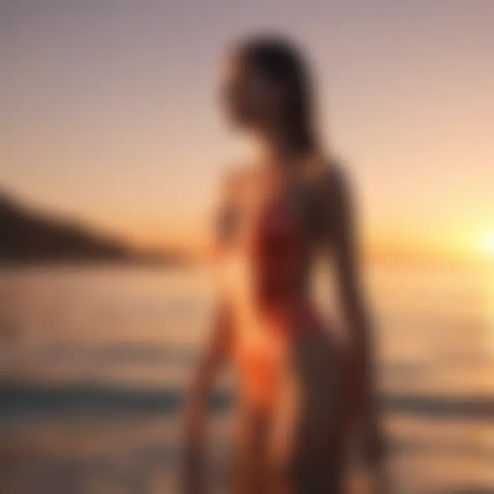 Minimalist swimsuit against sunset horizon