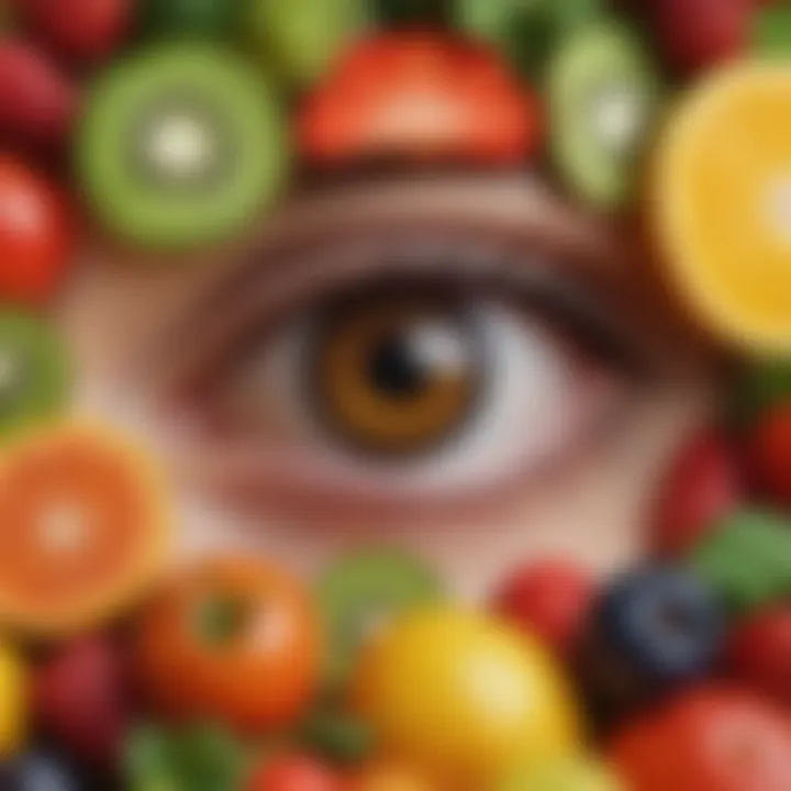 An assortment of colorful fruits and vegetables rich in vitamins for eye health