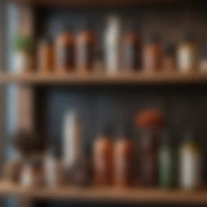 Natural hair care products on a wooden shelf