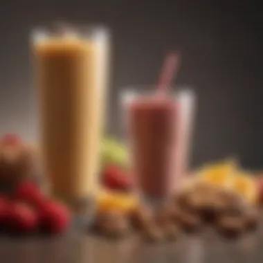 An assortment of fruit and nuts near a protein drink.