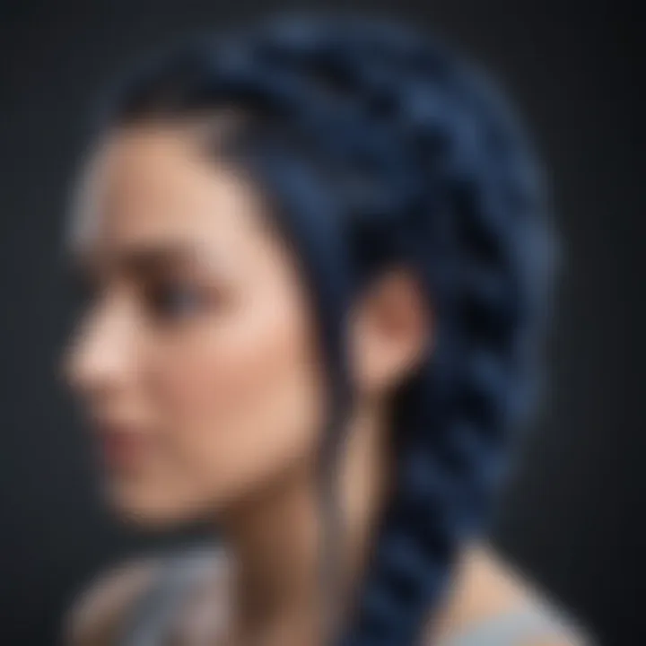 Different braiding techniques used with navy blue hair