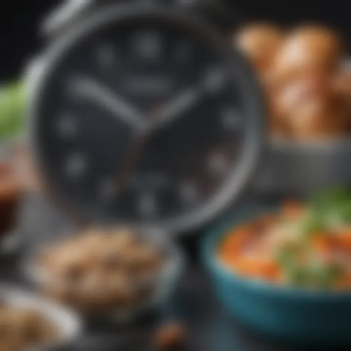 A close-up view of a clock and healthy meal prep containers, symbolizing time management in weight loss