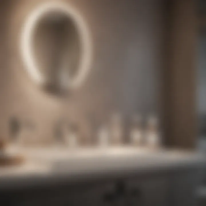 A serene bathroom setting showcasing a skincare routine with cleansers and skincare products.